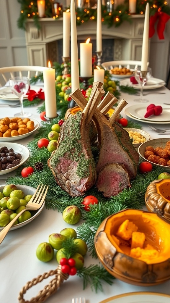 A festive Christmas dinner table with herb-crusted lamb, colorful sides, and holiday decorations.